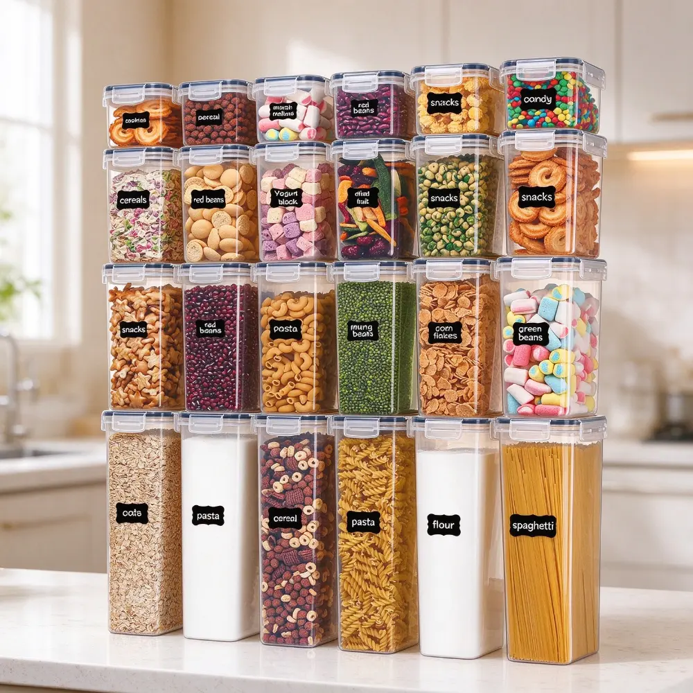 24pcs Airtight Stackable Plastic Storage Containers Set, Multi-Size Kitchen Pantry Organizer Jars with Secure Lids, Snack Pasta Food Canisters, Dishwasher Safe, Labels & Marker Included