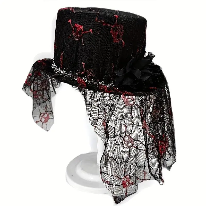 Spooky Gothic Skull Lace Veiled Party Hat - Black Mesh Veil, Crimson Skull Designs, Halloween Costume Accessory, Festive Party Supply, Partyhat