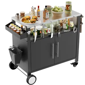 Sturdy Stainless Steel 2-Door Square Movable Outdoor BBQ Grill Cart - Lockable Full Cabinet, 360° Wheels, Storage, Hooks, Spice Rack, Grilling Accessories, Easy Installation, Home & Patio Organizer