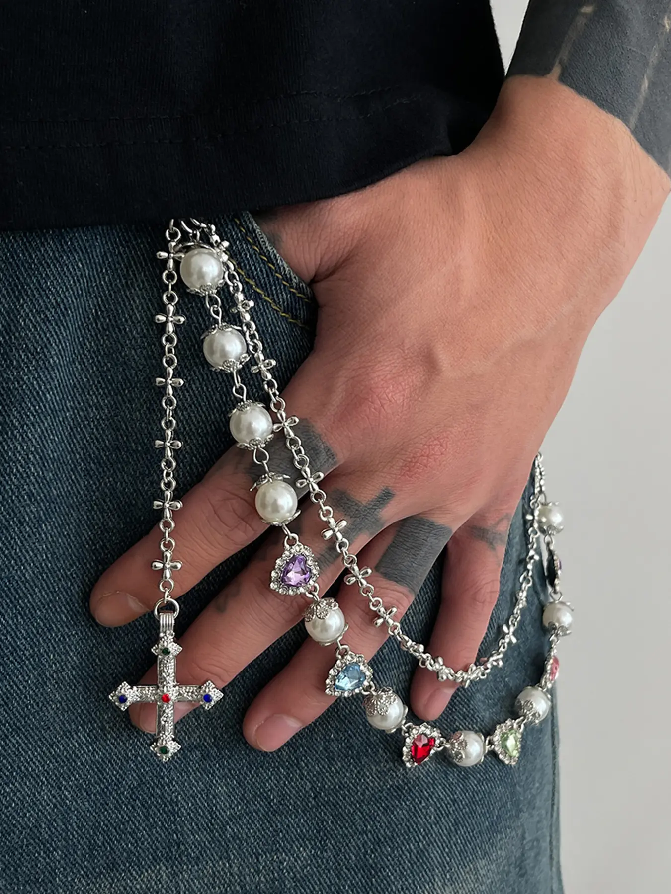 Silver Gold Y2K Cross Pants Chain for Men Women Dainty Pearl Jean Chains Biker Chain Hip Chain Body Chain Bling Chain, Body Jewelry, Adjustable Waist Chain, Body Chain Accessory