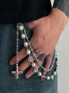 Silver Gold Y2K Cross Pants Chain for Men Women Pocket Chain for Pants Dainty Trendy Jean Chains for Men Pearl Jean Chains for Women Chains for Jeans Biker Chain Hip Chain Colorful Heart Rhinestone Adjustable Waist Chain