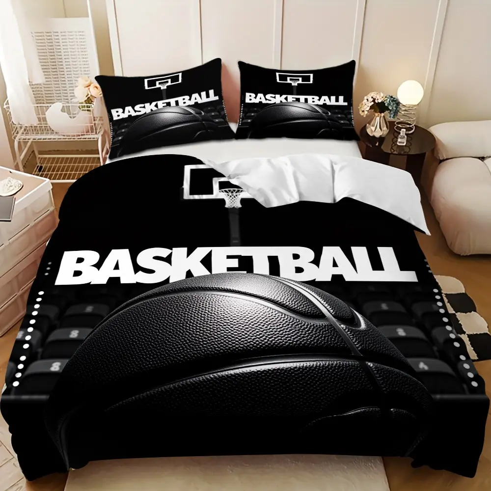 Bedding Set - 3pcs Black and White Basketball Hoop Design, Basketball Theme Bedding Set, Down Comforter Set (1 comforter cover + 2 pillowcases, filling not included) soft and comfortable