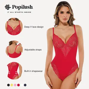 POPILUSH Lace Trimmed Bodysuit for Women, Tummy Control Shapewear Bodysuit, Sexy Deep V Neck Lingerie with Adjustable Straps
