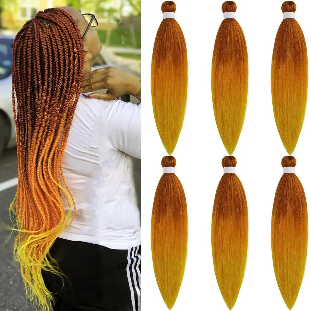 Ombre Braiding Hair Pre Stretched Color Ginger Golden Orange Crochet Braids Hair Extensions for Braiding Hypoallergenic Knotless Pre-Stretched Braiding Hair Ombre 26 Inch