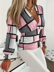 Women's Random Print Ruched Deep V Neck Lantern Sleeve T-shirt, Casual Trendy Long Sleeve Tee For Spring & Fall Daily Wear, Ladies Clothes Tops