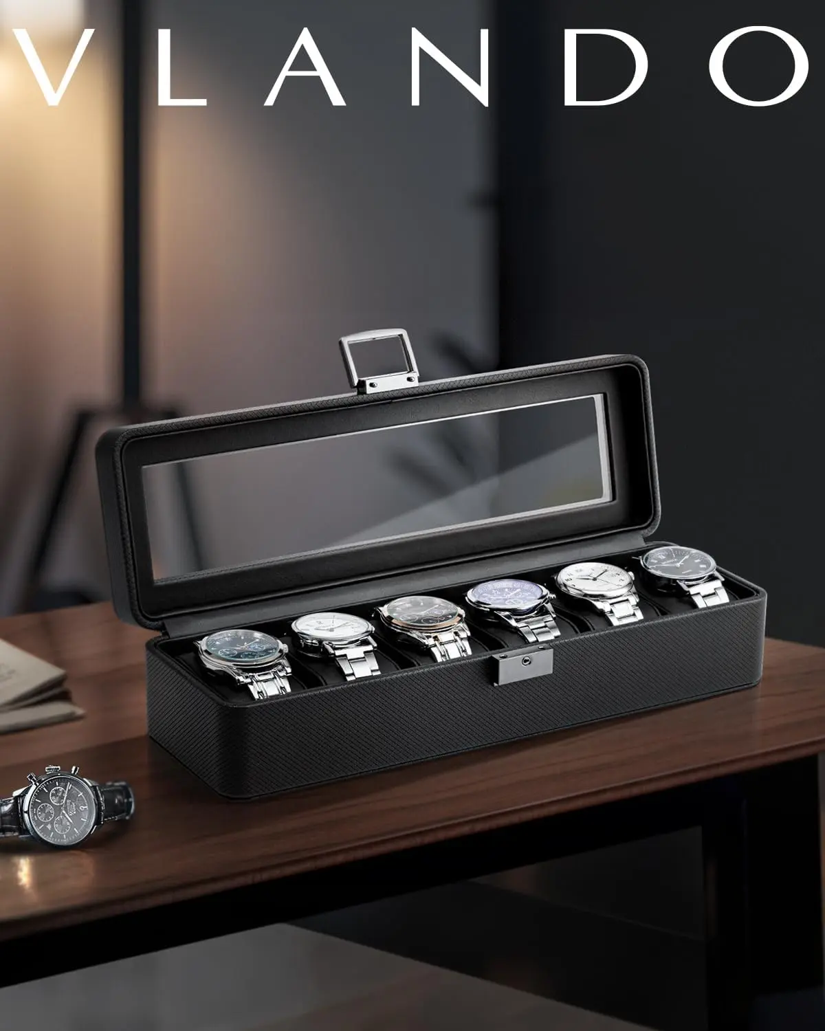 VLANDO Watch Box for Men, 6-Slot Lockable Watch Case with Glass Lid, Textured Leather Watch Organizer, Gift for Dad Husband