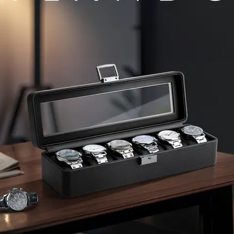 VLANDO Watch Box for Men, 6-Slot Lockable Watch Case with Glass Lid, Textured Leather Watch Organizer, Gift for Dad Husband