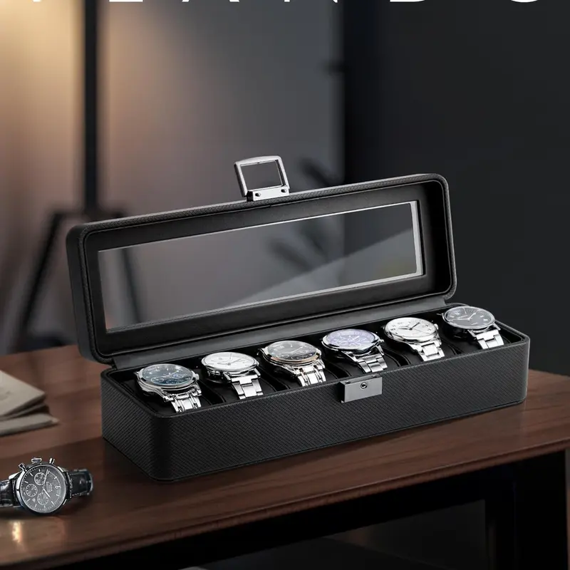 VLANDO Watch Box for Men, 6-Slot Lockable Watch Case with Glass Lid, Textured Leather Watch Organizer, Gift for Dad Husband