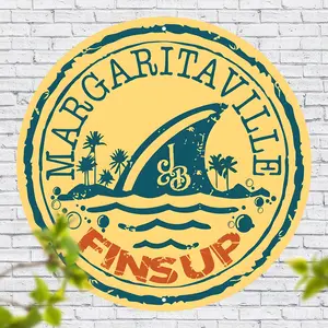 Margaritaville Fins Up" Vintage Aluminum Wall Art - 8x8 Inch Round Metal Sign for Home, Kitchen, Bar Decor - Perfect Gift for Holidays & Everyday