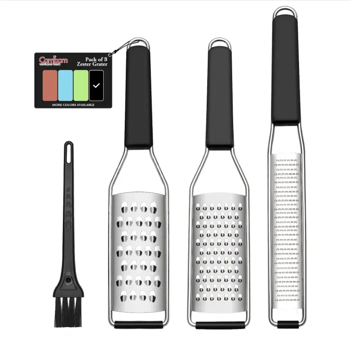 Cambom Lemon Zester Grater Three-piece Suit - Heavy Duty Kitchen Tool for Parmesan Cheese, Ginger, Garlic, Nutmeg, Chocolate, Vegetables，Fruits，Stainless Steel Grater Dishwasher Safe Black