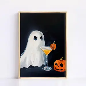 Ghost with Cocktail Halloween Funny Halloween Decor Vintage Halloween Printing Ghost Printing Posters Goth Whimsical Wall Art, Room Decor, Unframed