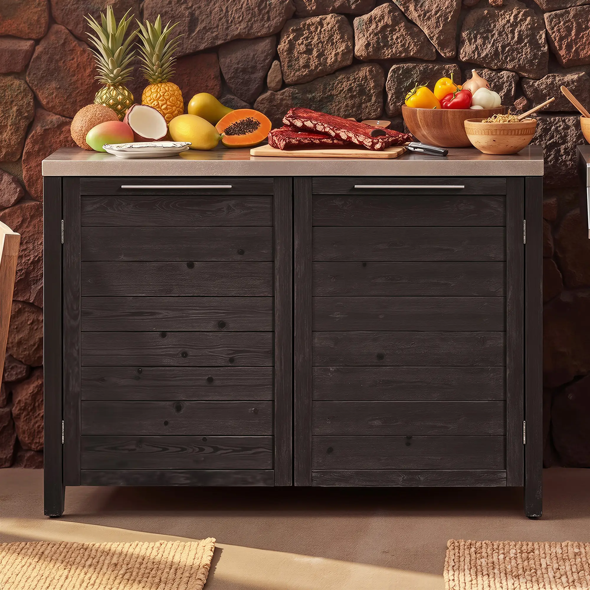 FUFU&GAGA Outdoor Wood Storage Cabinet with Stainless Steel Countertop, 51.2 Inch Patio BBQ Prep Station, Weather‑Resistant Outside Grill Storage Sideboard with Double Doors