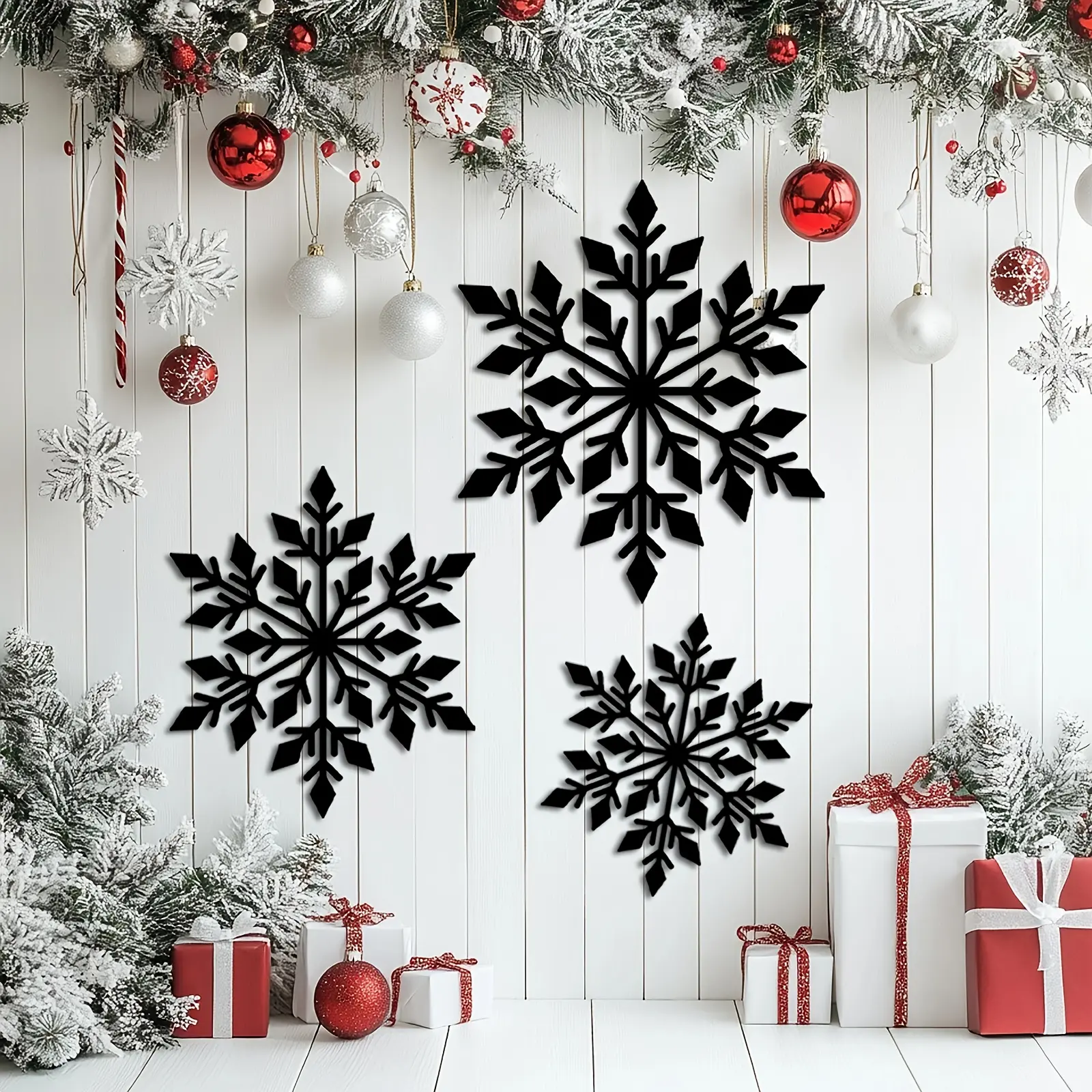 3-Piece Metal Snowflake Christmas Wall Decor Set - Reusable, Matte Finish, Indoor/Outdoor Holiday Decor with Red Accents and Greenery, Festive Snowflake Design for Homes and Gardens, Outdoor Christmas Decor, Christmas Ornaments, Christmas Decorations