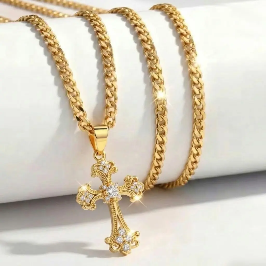 Gold Plated Cross Necklace for Men - 14K Gold Plated Clover Cross Necklace, Christian Gifts for Women Confirmation Baptism Birthday Christmas Gift with 3mm 24inch Cuban Chain