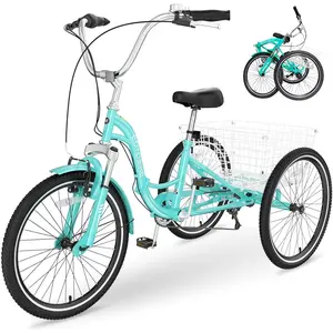 Adult Folding Tricycles, 7 Speed Folding Adult Trikes, 20 24 26 Inch 3 Wheel Bikes with Large Size Basket, Foldable Tricycle for Adults, Women, Men, Seniors