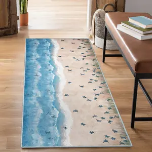 Lush Decor IMPRESSIONS Indoor Printed Polyester Low Profile Mat - Transitional Coastal Ocean Colorful   (Seaturtle Beach)