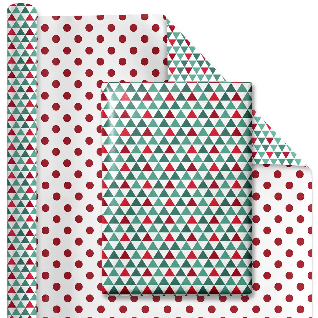 30" x 10’ Holiday Reversible Wrapping Paper | Multi-Colored Triangles/Red Polka Dot on White