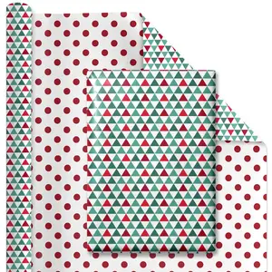30" x 10’ Holiday Reversible Wrapping Paper | Multi-Colored Triangles/Red Polka Dot on White