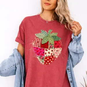 Strawberry Shirt, Patchwork Quilted Farmhouse Berry Tee, Rustic Gingham Floral Cottagecore Aesthetic