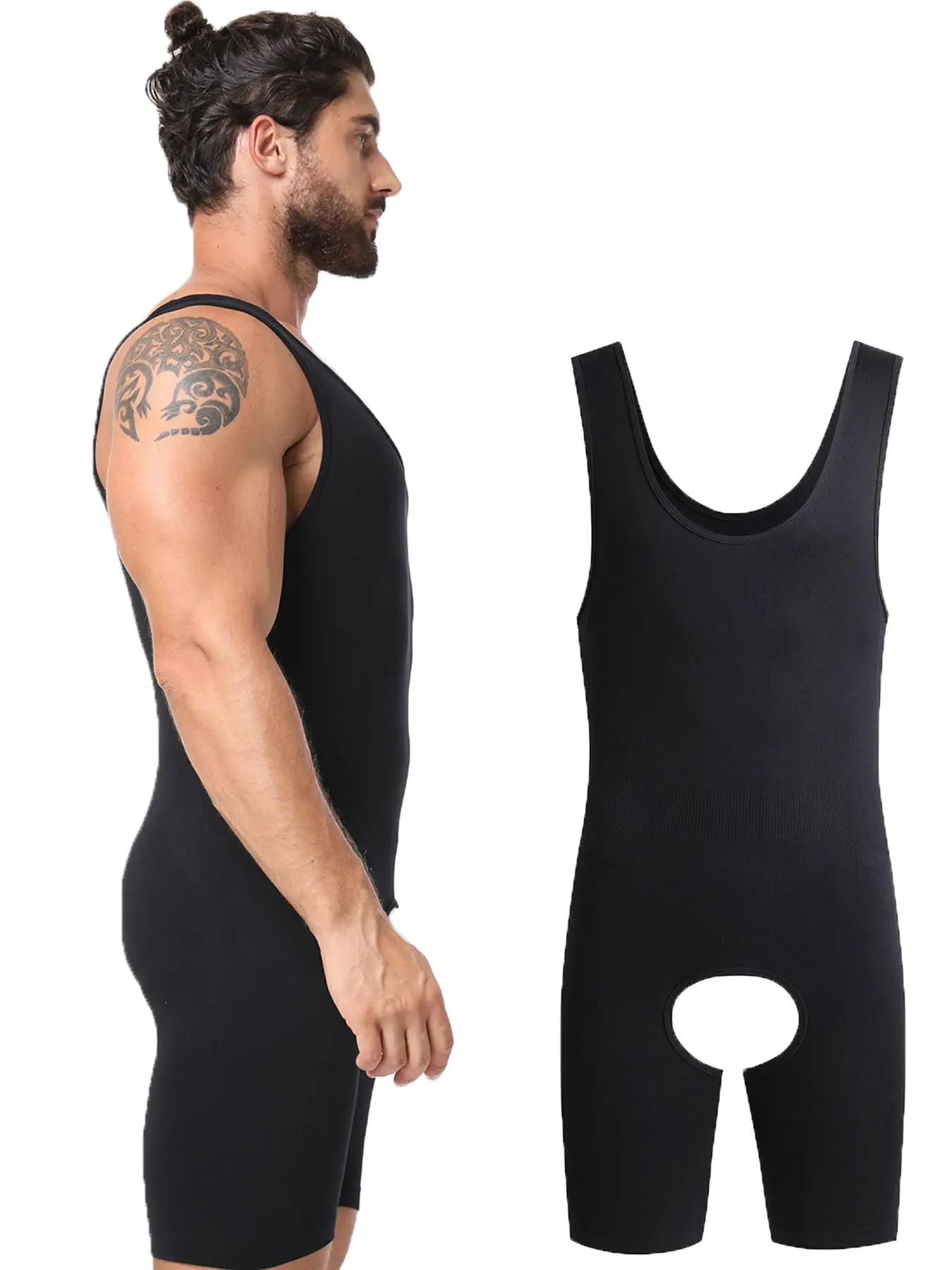 Men's Plain Crotchless Tank Shapewear Bodysuit, Seamless Tummy Control Bodysuit, High Stretch Comfy Breathable Romper, Mens Clothing, Menswear, Summer