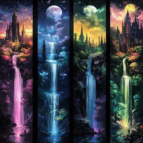 5D DIY Full Drill Round Diamond Painting - Diamond Art Making Kit Castle, Waterfall, Moon Mosaic, Canvas - DIY Decorative Painting, Home Wall Decor, Suitable for Halloween, Christmas, Birthday, and Anniversary Gifts, Handicraft Diamond Painting Kits