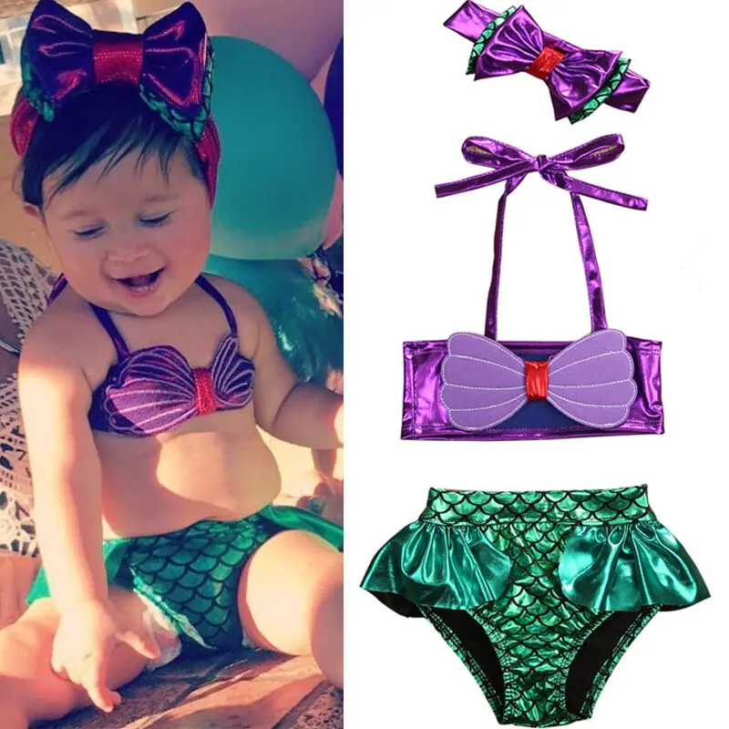 CPZVUCAK Kids Toddler Baby Girl Mermaid Swimsuits Lace Up 3D Swimwear Bikini Set with Headband 3Pcs Swimsuits Set