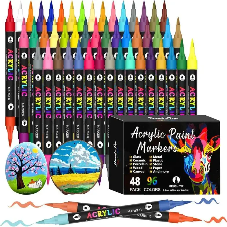 Dual Tip Acrylic Paint Markers Set (24/72/96 Colors) - Acrylic Paint Pens with Double & Brush Tips, Durable Office Stationery for Rock & Wood Art, Back-to-School Gifts for Beginners