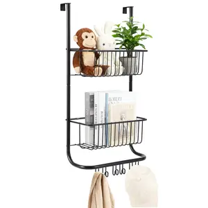 Space-Saving 2-Tier Over the Door Shower Caddy Organizer - Metal Hanging Rack with 2 Storage Baskets & 6 Hooks for Bathroom, Bedroom, 11.8" x 5.1" x 24.2"