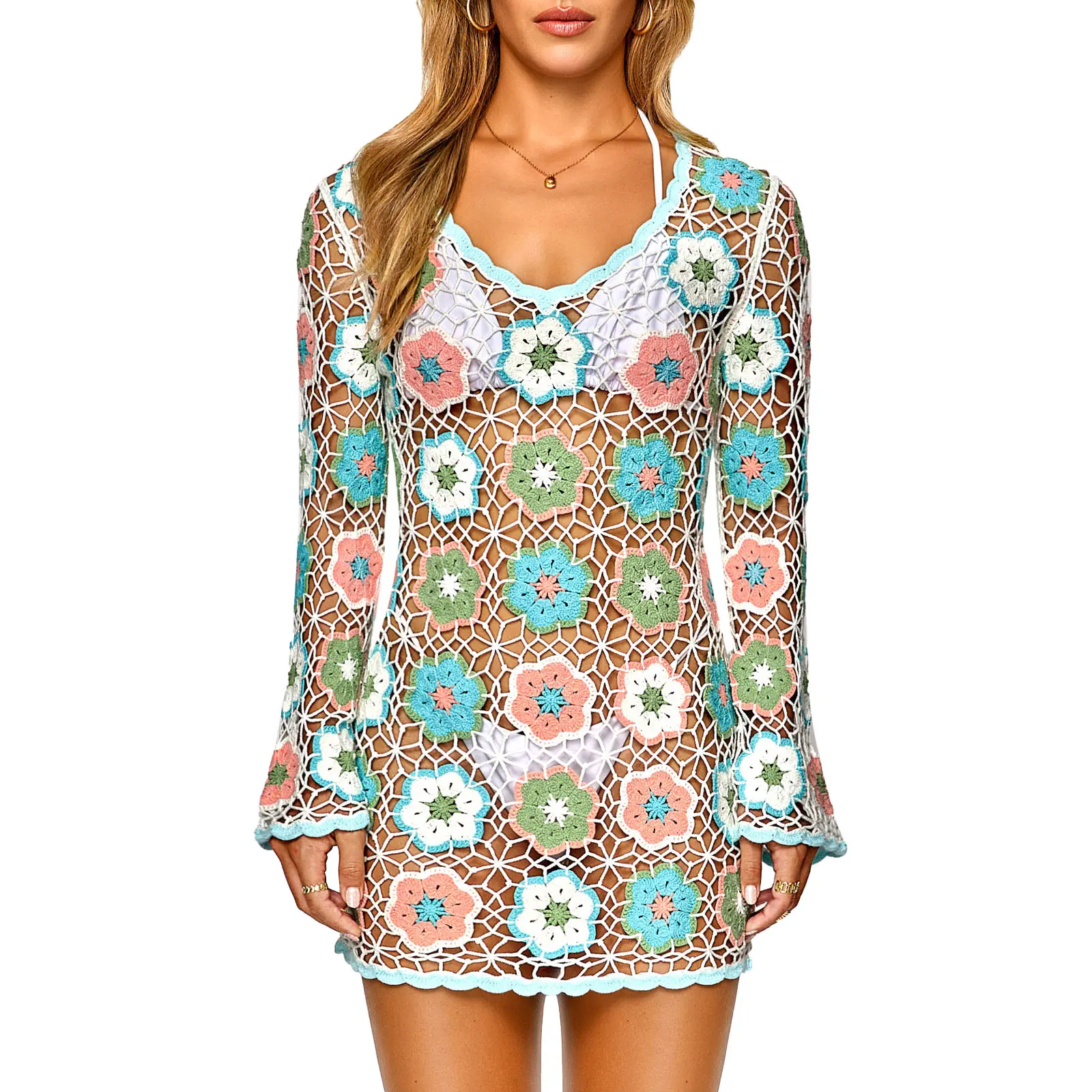 FAIRY SEASON Women's Crochet Beach Cover Up Dress Boho Bell Sleeve 3D Camellia Embroidery for Vacation, Pool Party