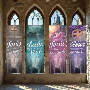 4 Pcs Religious Banners, Polyester Material Jesus Christ Vertical Banners Religious Cross Crown of Thorns Lily Design for Easter Church Gathering Sanctuary Decoration Home Prayer Corner Wall Hanging Decor