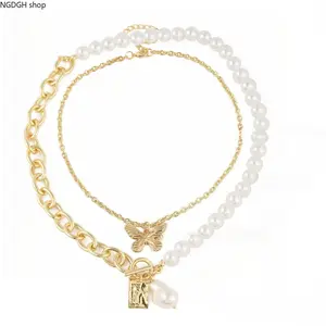 Layered Pearl Gold Chain Necklace Set - Trendy Irregular Baroque Pearl Multi Strand Choker with Paperclip Link Toggle Clasp Padlock Pendant, Lightweight Statement Jewelry for Women, Perfect for Daily Date Night Party Festival & Elegant Layering Looks