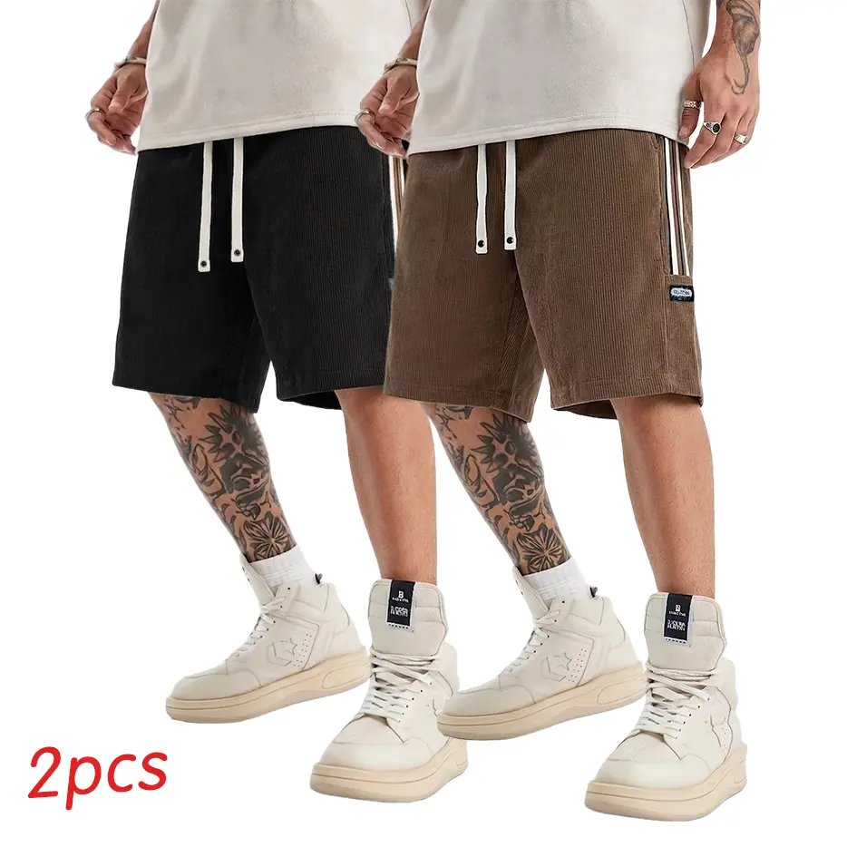 Men’s 2-pack American vintage corduroy shorts for summer — loose straight mid-length shorts with high-street stripes, sporty casual style