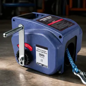 3500 lb 12V DC Electric Winch Portable Trailer Winch with Wireless Remote and Hand Crank, Waterproof Reversible Power In/Out Marine Winch for Boat Car Truck SUV ATV UTV Recovery, Nylon Rope, Blue Steel, Blue Color Options, Steel Material
