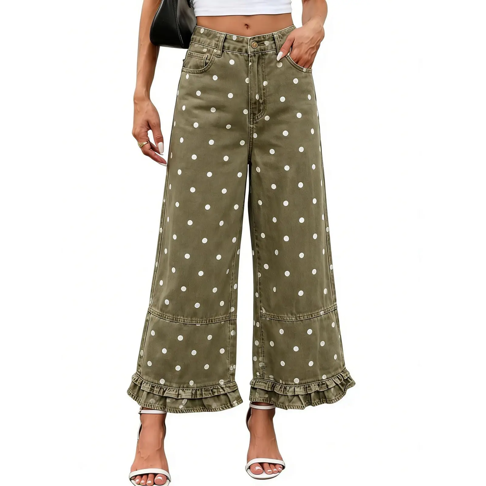 CHARTOU Women's Cute Denim Patchwork Ruffle Hem High-Waisted Cropped Flare Jeans - Stretchy, Loose, Polka Dot Print, Breathable, Lightweight, Feminine Cowgirl Bottoms for Everyday Wear