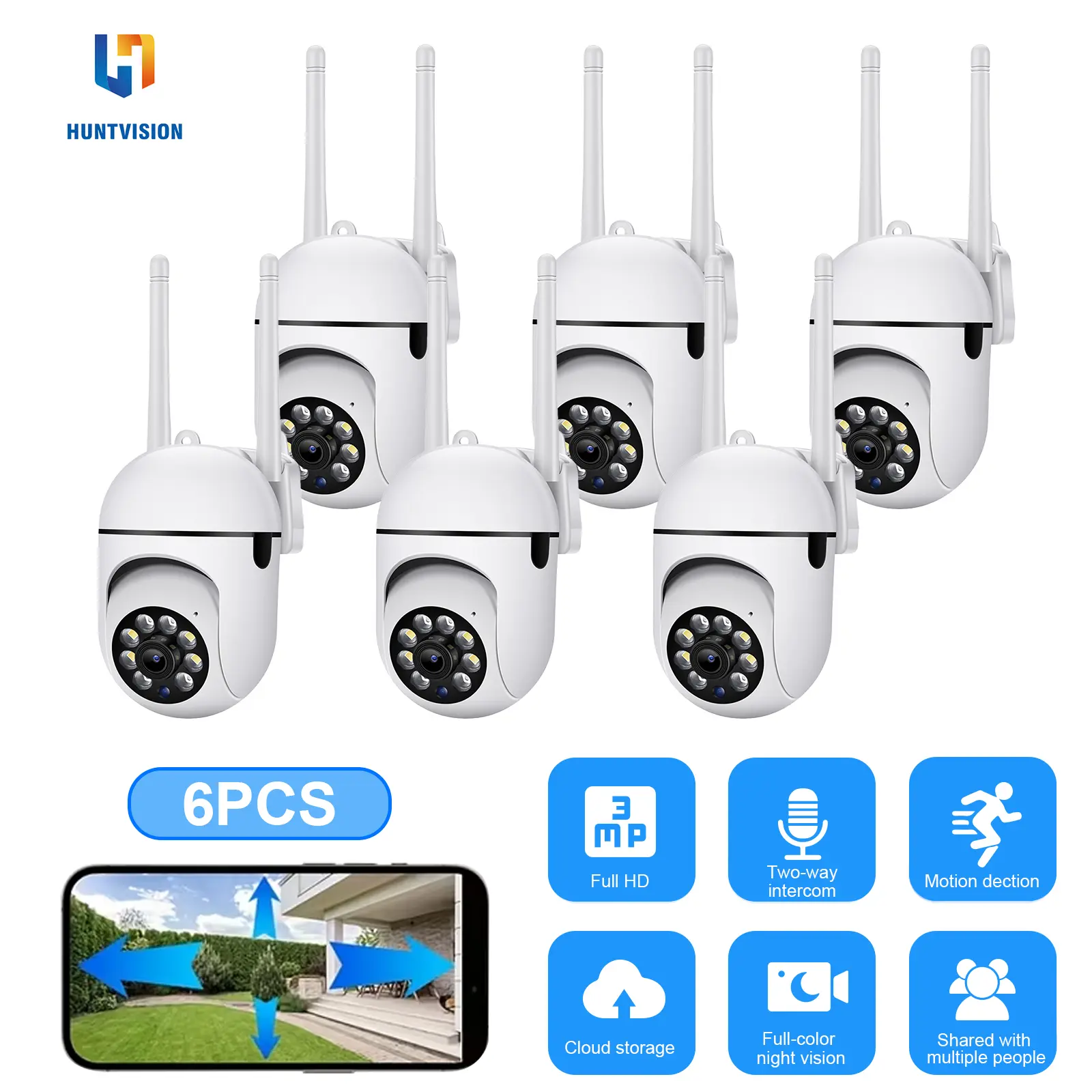 Huntvision 6PCS 360° PTZ Security Camera 2.4GHz WiFi,Indoor Outdoor Home Camera with AI Human Detection & Tracking, Color Night Vision, Two-Way Audio, Motion Alerts