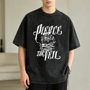 Men's Vintage Washed T-Shirt Pierce The Veil Band Logo Oversized Graphic Tee Outdoor Casual Short Sleeve