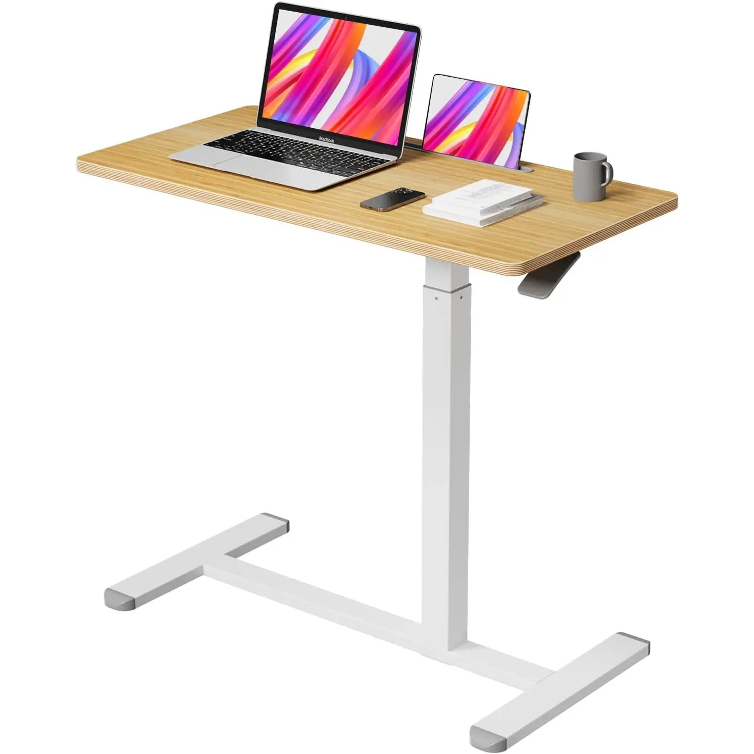 Mobile Standing Desk, Pneumatic Adjustable Rolling Desk(31.5 Inches), Portable Laptop Desk with Wheels, Overbed Bedside Table Laptop Table for Couch, Home, Office, Oak
