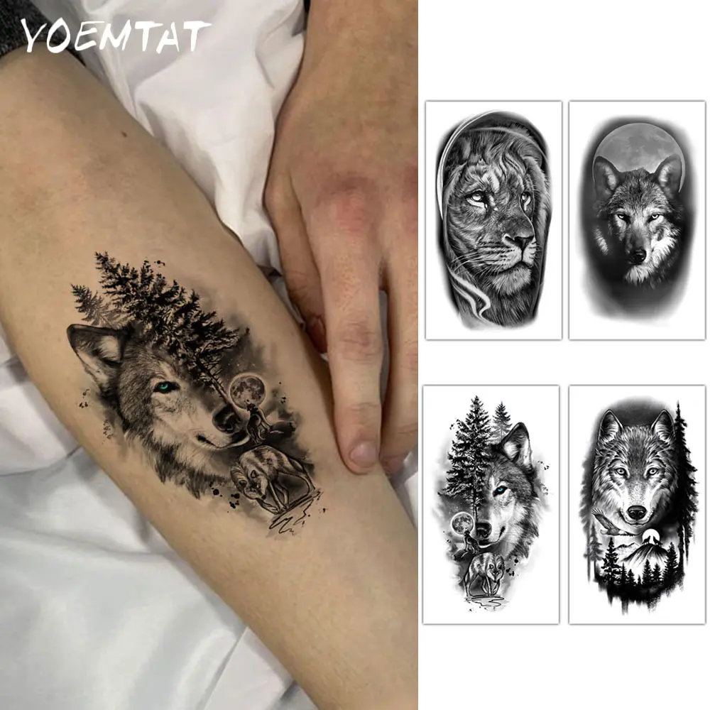 4pcs Waterproof Temporary Tattoo Sticker Black Lion Wolf Forest Moon Bird Realistic Small Animals Pattern Body Art Arm Fake Tattoos Sleeve For Women Men Neck Wrist Hand Aesthetic Tattoo Merch Temporary Tattoos Stickers