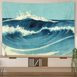 Retro Ocean Tapestry Wall Hanging, Vintage Blue Watercolor Ocean Waves Wall Art Tapestries, Japanese Anime Sea Wave Wall Decor Indian Tapestry for Bedroom Aesthetic Home Dorm, Wall Blacket