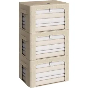 3Pack Foldable Storage Bins - Frame Storage Box Linen Fabric Stackable Clothes Container Organizer with Clear Window & Carry Handles Large Capacity (Medium-36L, Beige)