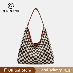 GAINSNS Checkerboard Plaid Extra Large Tote Bag for Women - Chic & Stylish Shoulder Bag for Beach, Travel, Picnic, Weekend Getaway, Shopping, Daily Use - Trendy Oversized, Button Closure, Spacious Multi-Purpose Bag