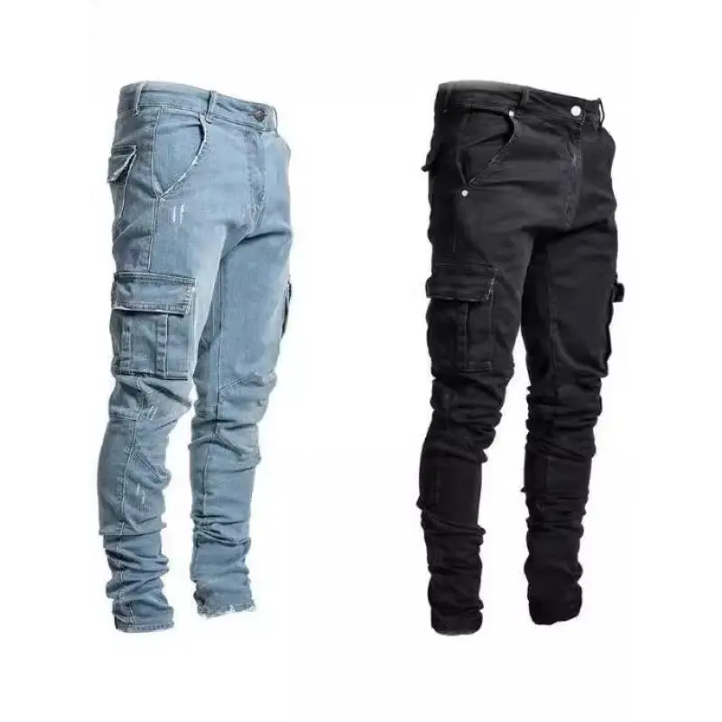 Men's Street Style Cargo Jeans, Casual Skinny Fit Ripped Stretch Denim with an Elastic Waist and Multiple Pockets, Cargo Pants, Streetwear, Menswear, Fashion, Seam Pocket, Slim-Fitting
