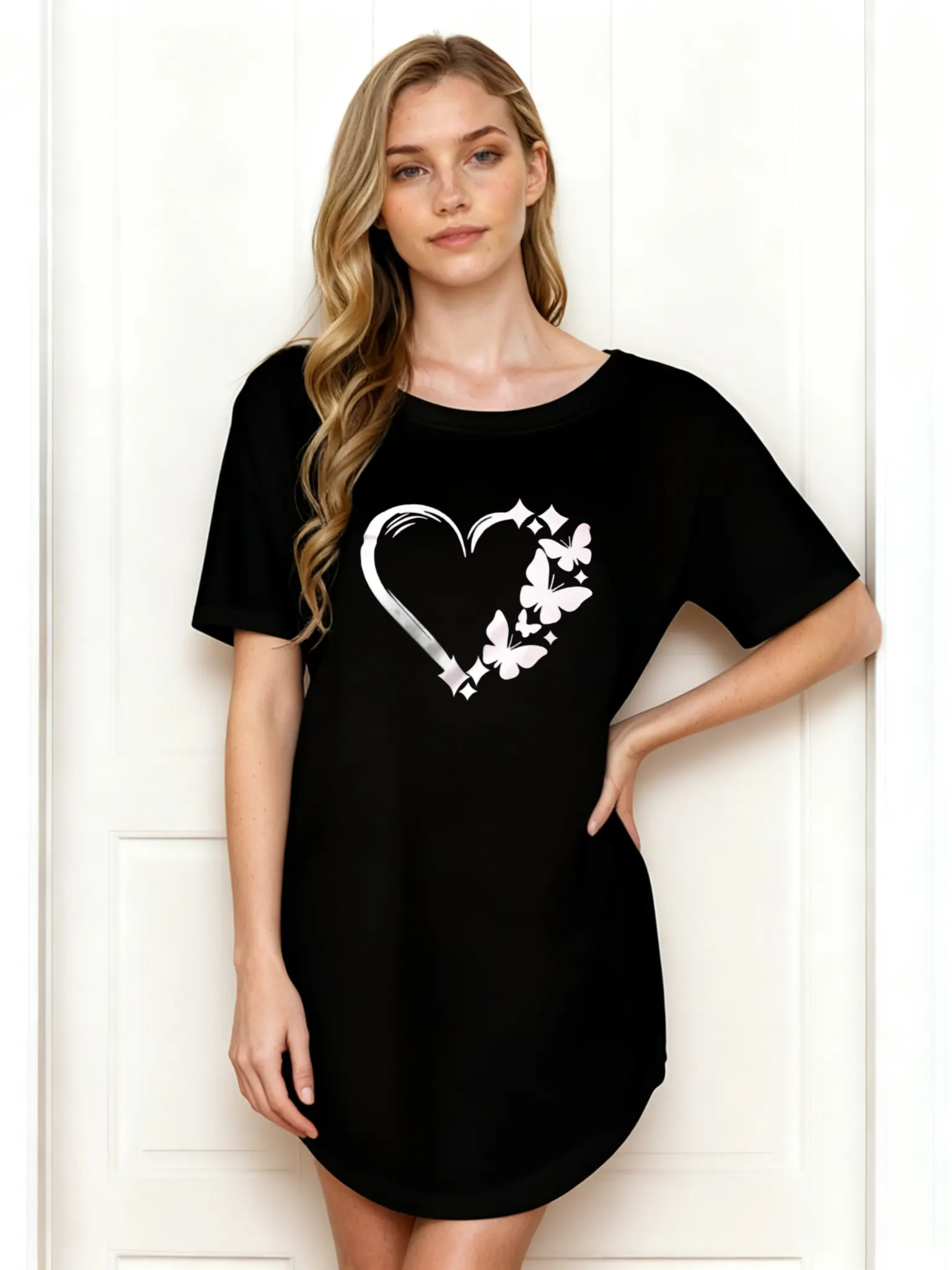 Women's Short-Sleeve Casual Summer Dress - White Heart Butterfly Print, Round Neck, Breathable Polyester Fabric, Loose Elegant Minimalist Style, Wear-Resistant, Pull-On, Comfortable Fit, Machine Washable, Wrinkle-Free