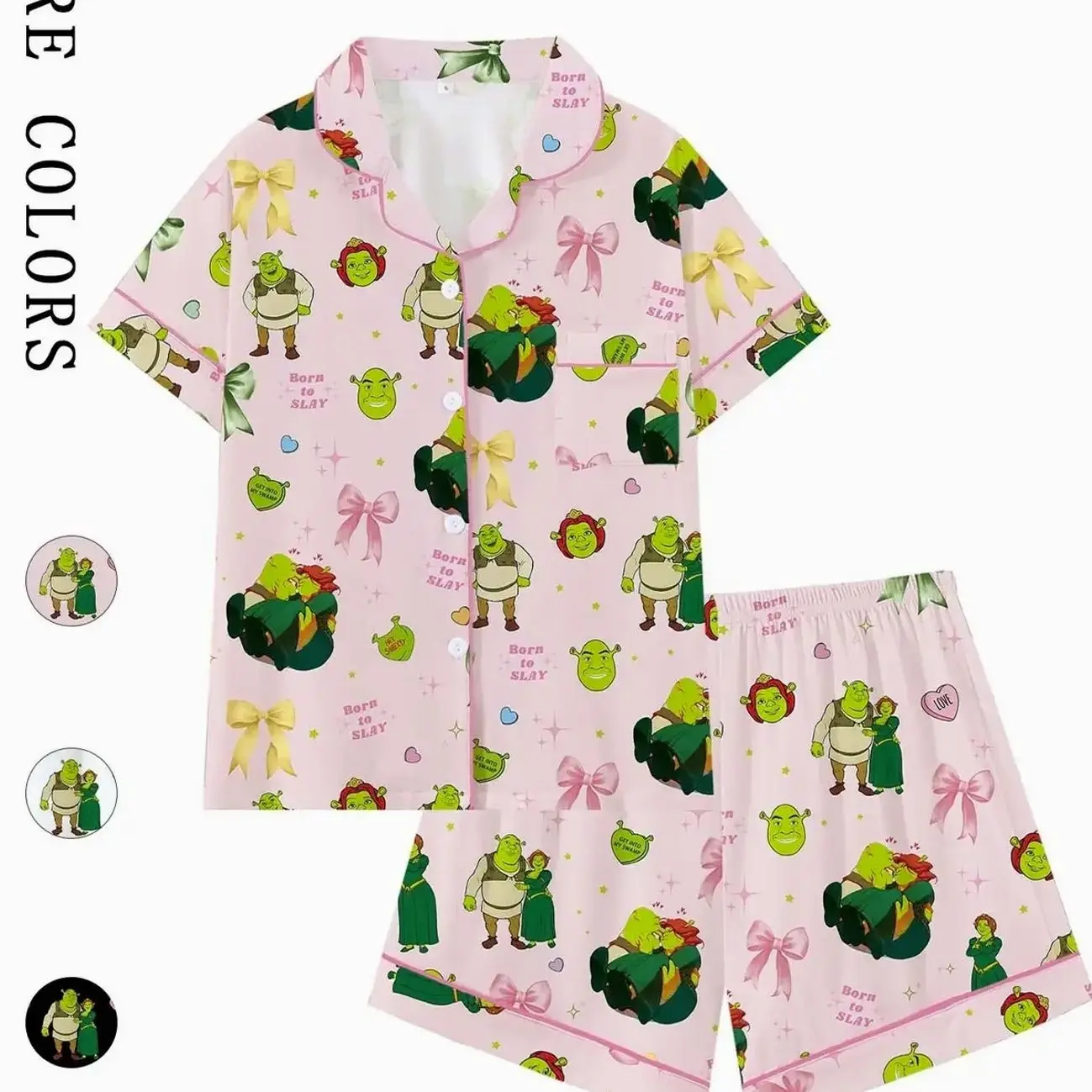Teen Shrek Movie Cute Cartoon Print Bow Collar Short Sleeve Pajama Set Pyjamas Pjs, Comfortable Fashion Sleepwear Loungewear for All Seasons, Princess Fiona Gift, Loose-Fitting