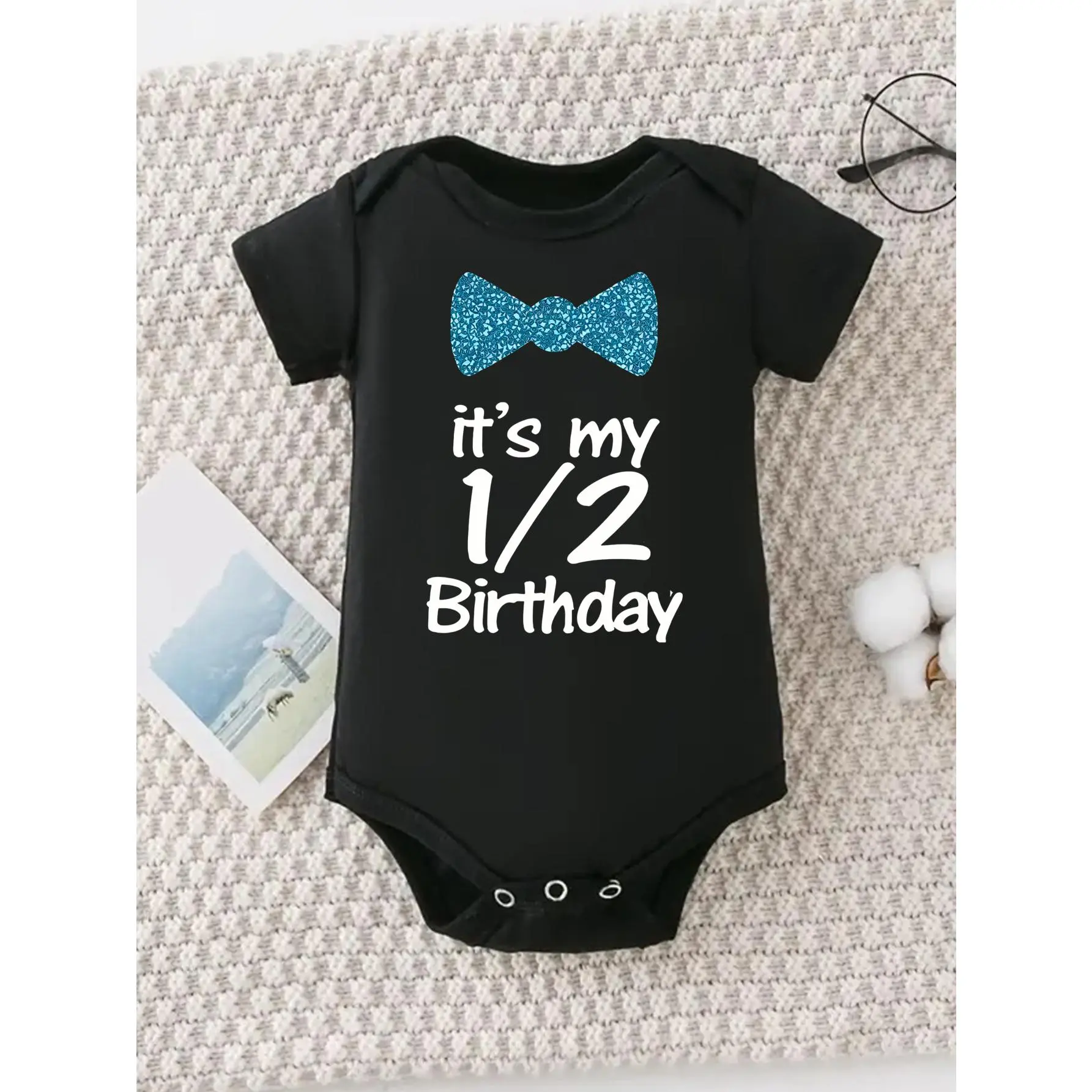 Infant Bodysuit in Soft 96% Cotton, Unisex "My Half Birthday" Short Sleeve with Glitter Bow Tie Print and Snap Closure, Cute, Round Neck, Baby-Safe Unisex Bodysuits & One-Pieces