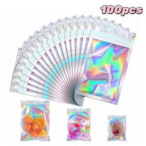 100 transparent holographic color laser-etched storage protection bags with resealable aluminum foil, suitable for storing pens, jewelry, cosmetics and candies