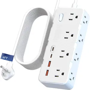 6 Ft Extension Cord Surge Protector Power Strip, Flat Plug with 8 AC Outlets & 4 USB Ports (2 USB C, 1 PD 20W  ), 1050 Joules, 1875W/13A, ETL Listed, Wall Mount for  Office Dorm