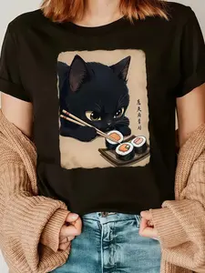 Comfortable Anime Cat Trendy Cotton Homeewear, Casual Oversized Graphic Print Tee, Cute Kawaii Style, Perfect for Home & Outdoors
