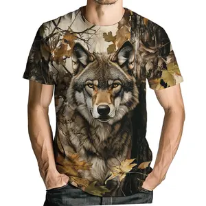 Unisex 3D Wolf & Autumn Leaves Forest Graphic T-Shirt, Casual Outdoor Hiking Fall Festival Streetwear for Men Women