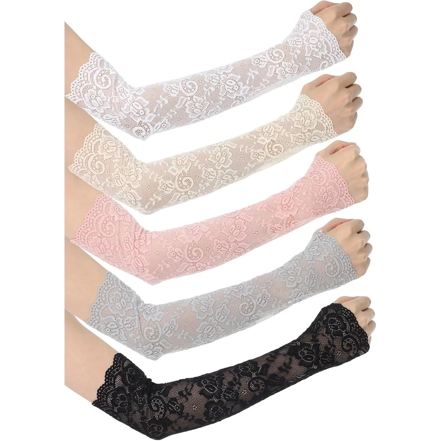 5 Pairs Women Lace Arm Sleeves Fingerless Arm Sleeve Floral Hollow Arms Cover Warmer Elbow Length Lace Sleeves to Cover Arms for Women